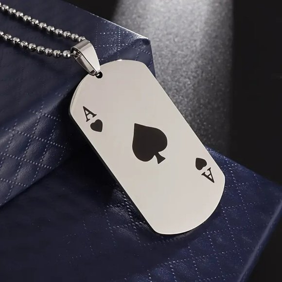 NEW 22" Stainless Steel Ace of Spades Necklace Playing Card Dog Tag - Picture 8 of 10